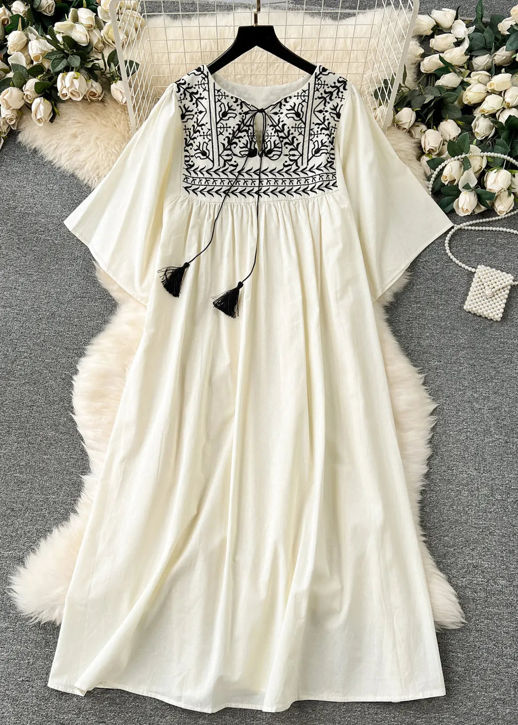 Loose Khaki Embroidered Lace Up Cotton Dress Summer