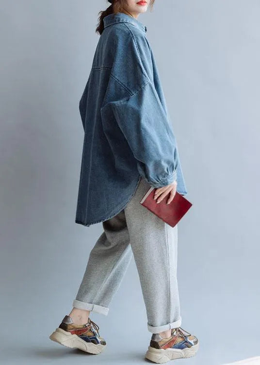 French Low High Design Cotton Shirts Pattern Denim Blue Blouse Fall