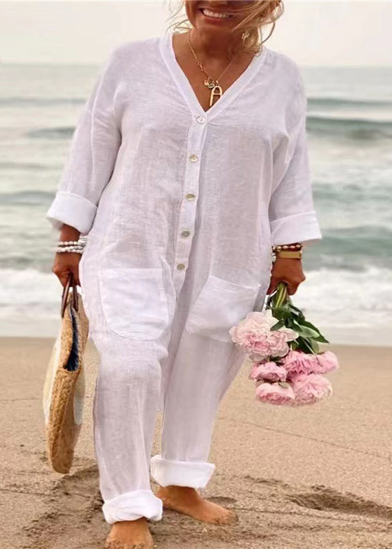 Blue V Neck Button Pockets Cotton Jumpsuits Summer