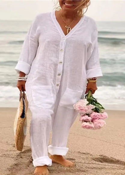 Blue V Neck Button Pockets Cotton Jumpsuits Summer