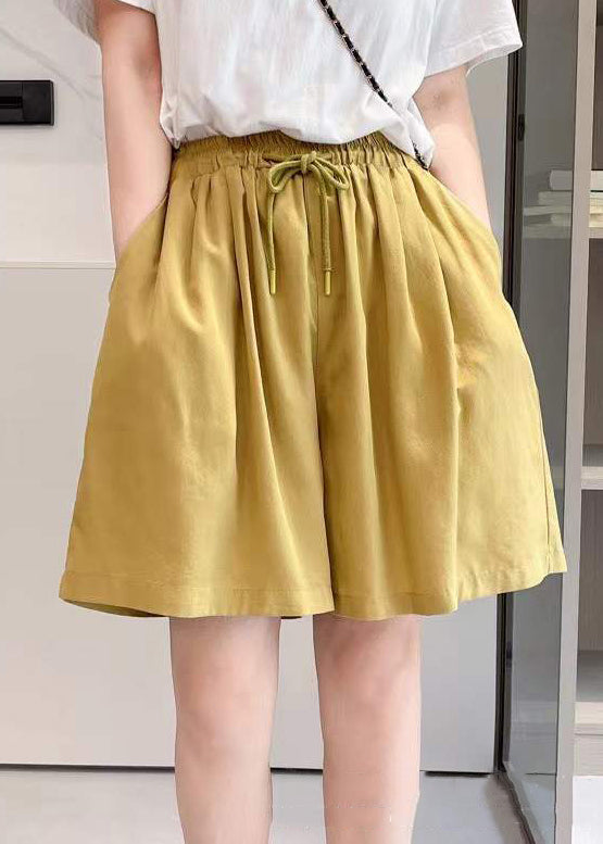 Simple Yellow Pockets Elastic Waist Cotton Shorts Summer
