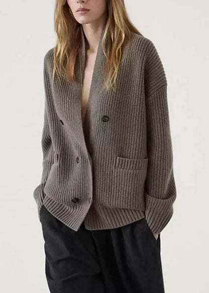 Modern Brown Notched Patchwork Knit Cardigans Fall