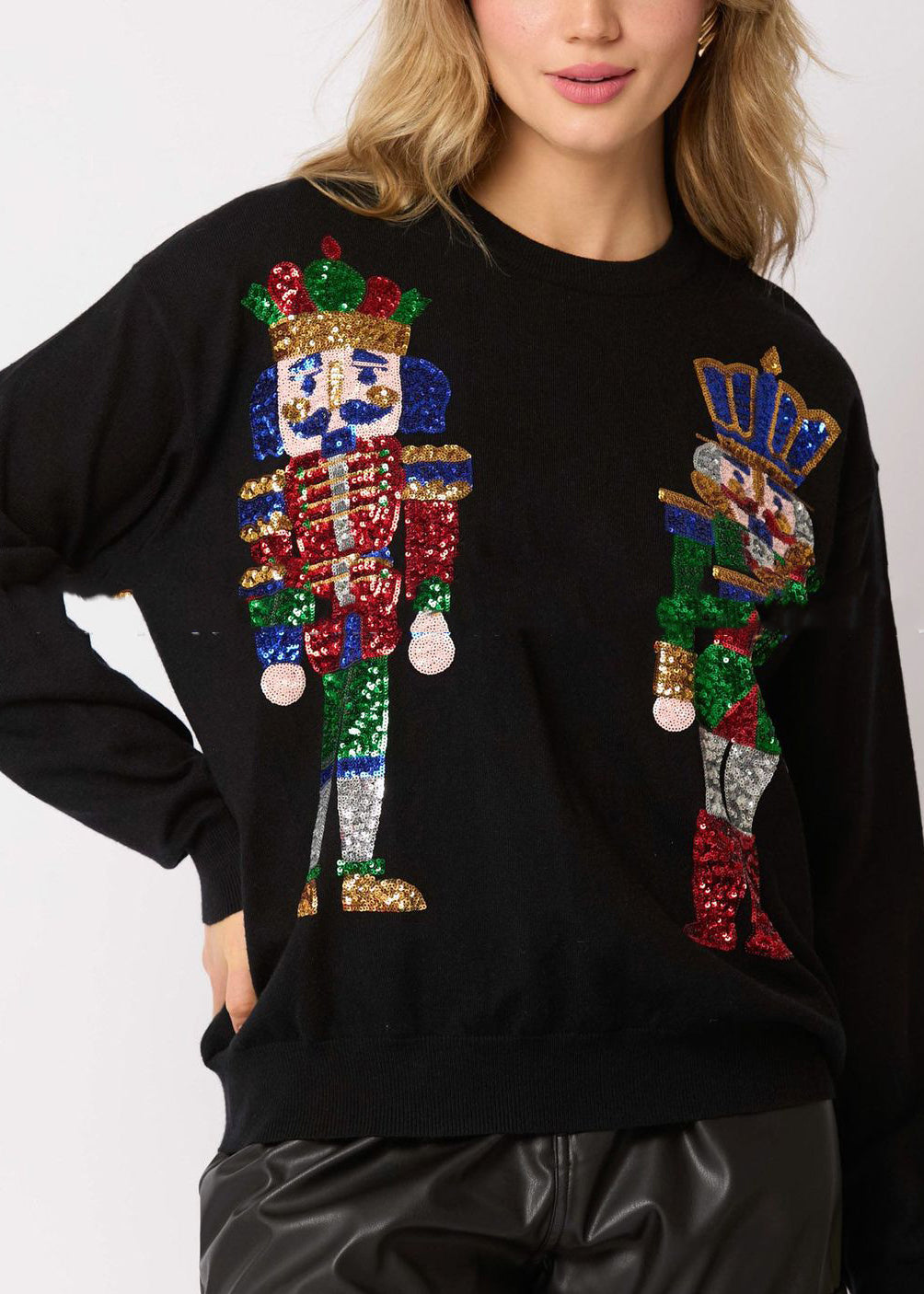 Black O Neck Soldiers Sequins Cotton Sweatshirts Top Winter