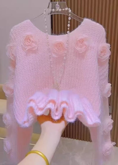 French Pink O Neck Decorated Knit Pullover Spring