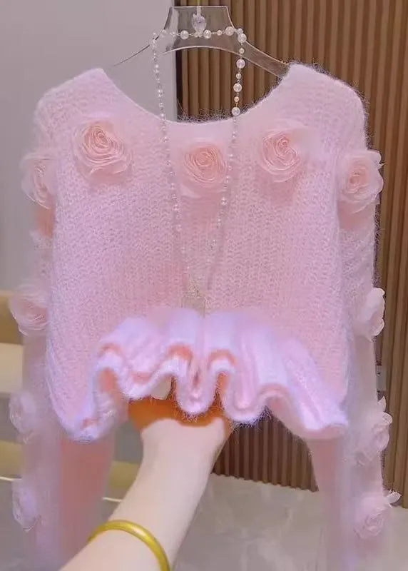 French Pink O Neck Decorated Knit Pullover Spring