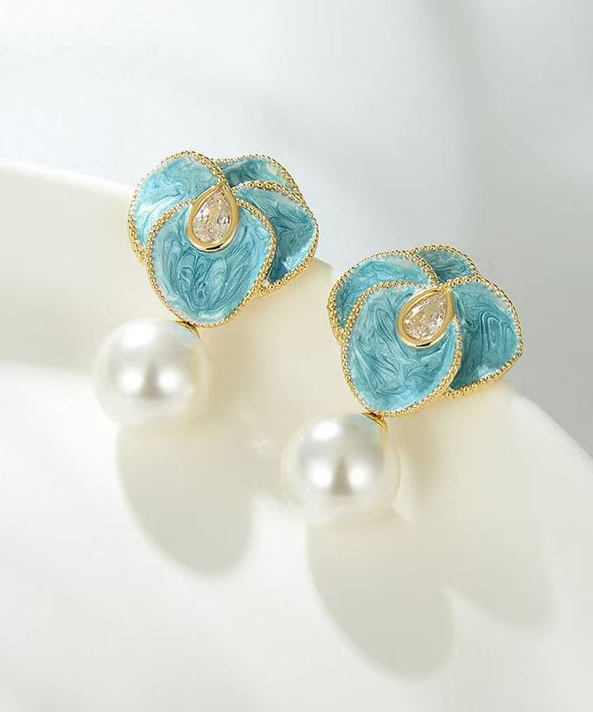 Blue Copper Alloy Pearl Enamel Drop Earrings