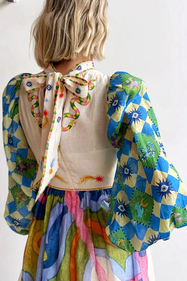 Dear to My Heart Unique Print Lantern Sleeve A-line Midi Dress