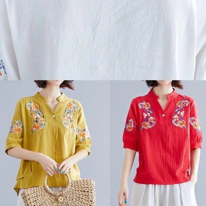 Yellow Embroidery Linen Cotton Blouse Sewing V Neck Summer Top