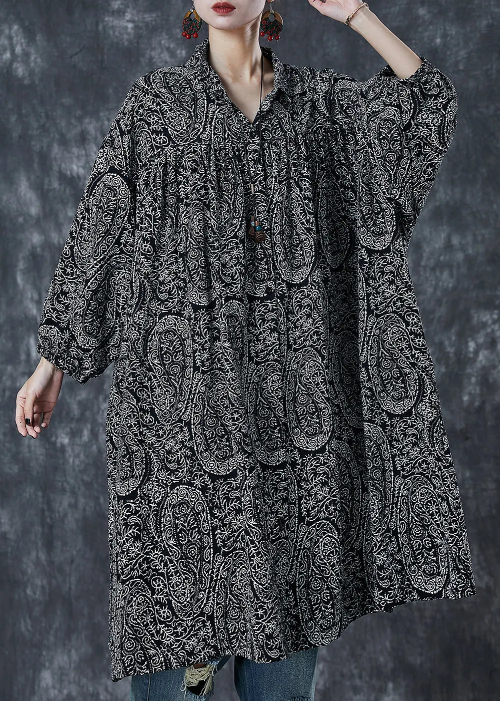 Black Oversized Print Cotton Shirt Dress Spring