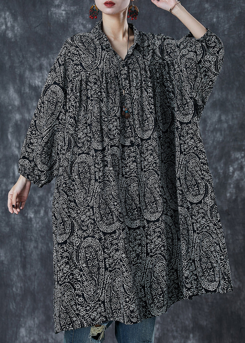 Black Oversized Print Cotton Shirt Dress Spring