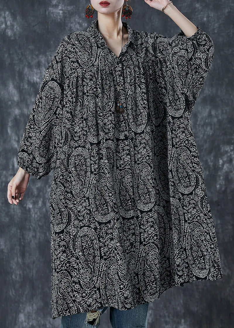 Black Oversized Print Cotton Shirt Dress Spring