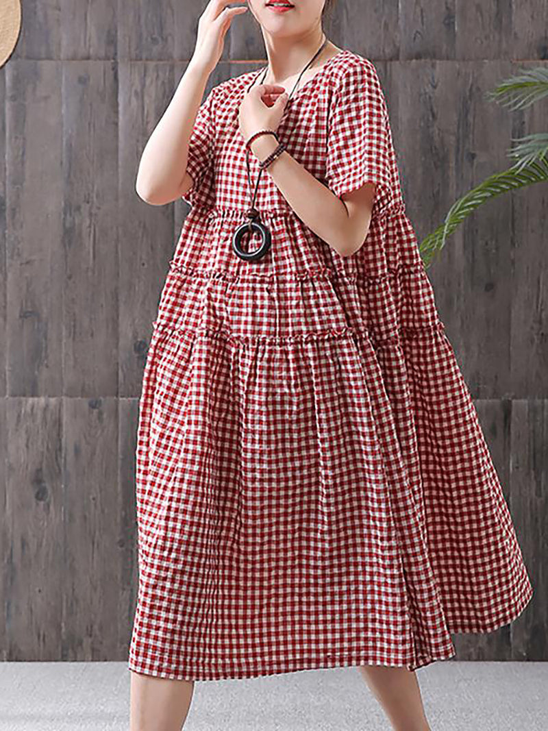 100%cotton Short Sleeve Plaid Dress