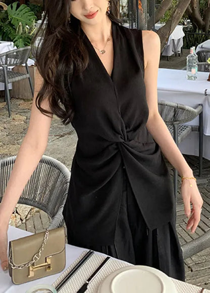 Black Front Open Lace Up Cotton Shirt V Neck Summer