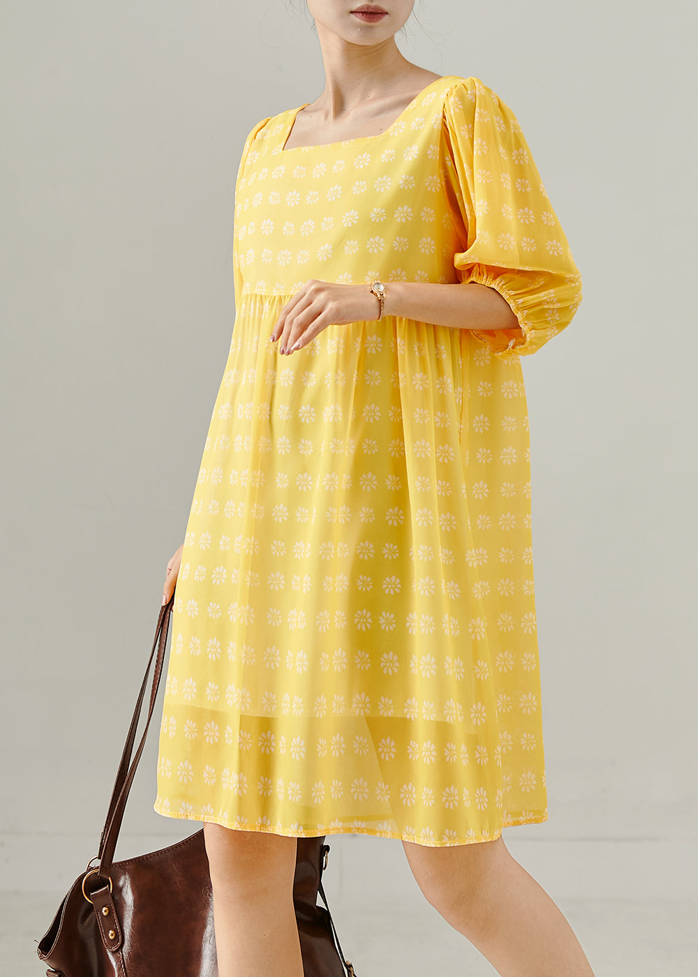 Yellow Square Collar Print Cotton Tea Dress Summer