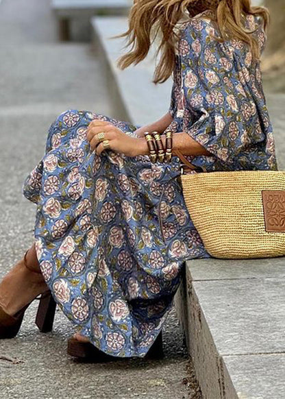 Blue Print Lace Up Cotton Vacation Dresses Summer