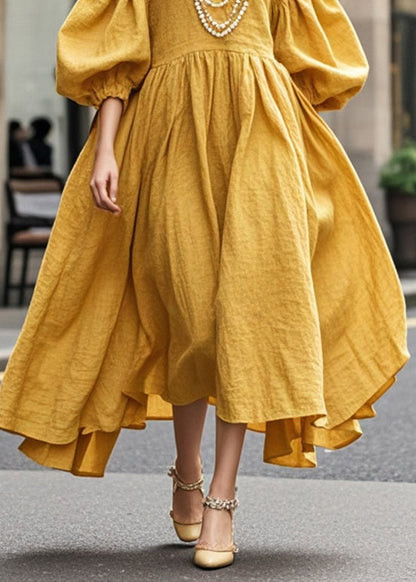 Yellow Exra Large Hem Cotton Maxi Dresses Lantern Sleeve