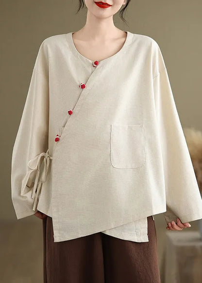 White Linen Shirt Top Oversized Lace Up Spring