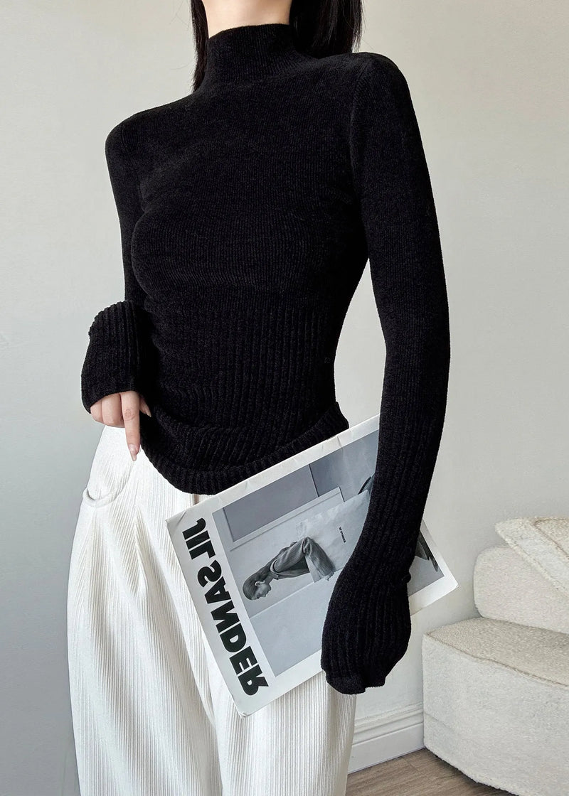 Slim Fit Brown Hign Neck Patchwork Knit Sweaters Winter