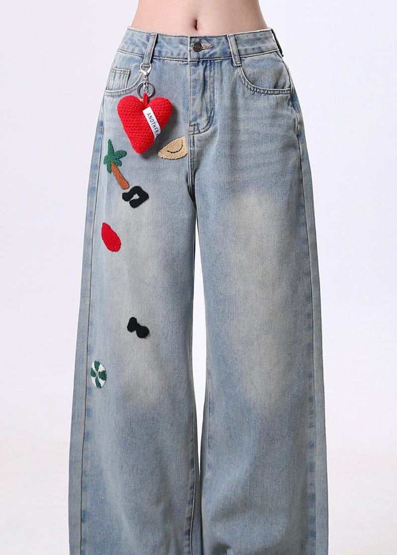 Blue Embroidered Pockets Denim Pants Spring