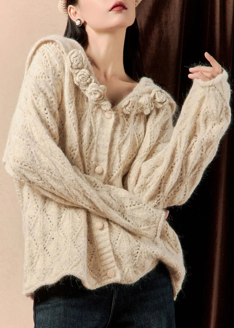 Beige Button Hollow Out Knit Sweaters Spring