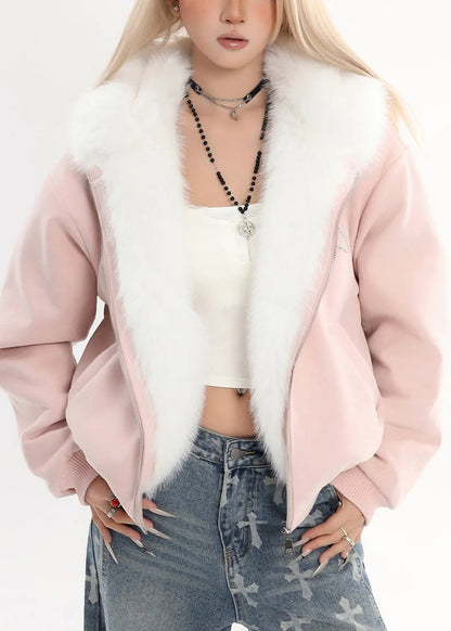Pink Rabbit Ears Hooded Fleece Wool Lined Jacket Winter