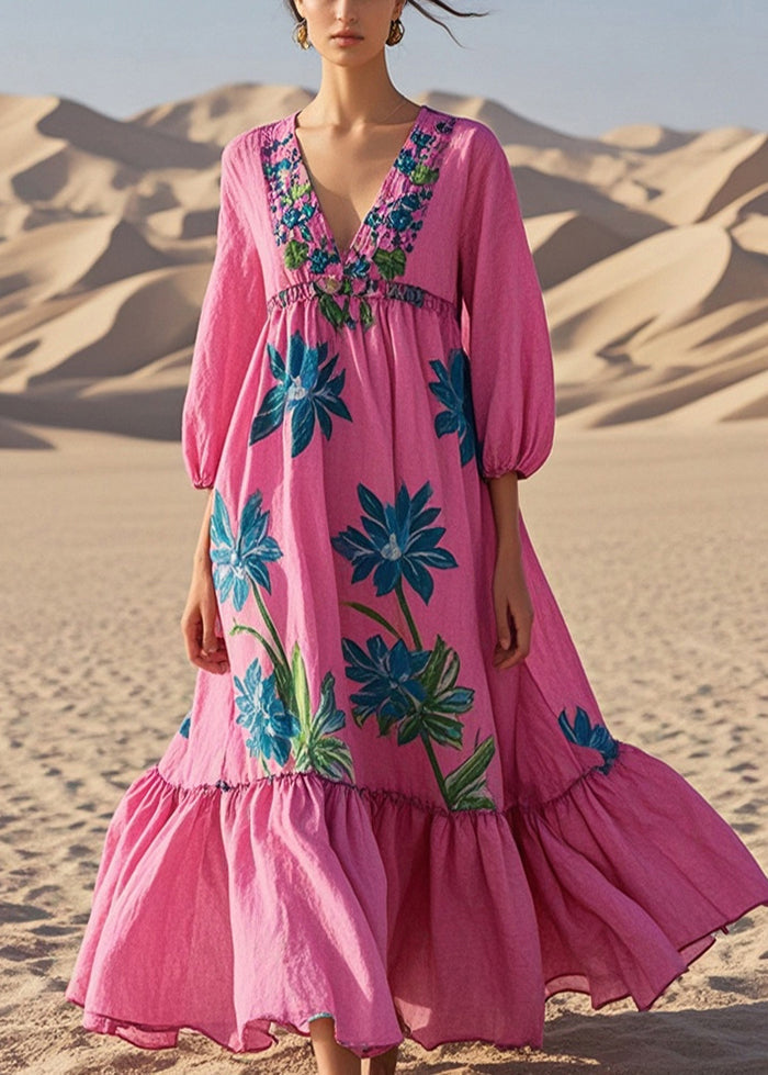 Rose Oversized Print Cotton Maxi Dresses Bracelet Sleeve