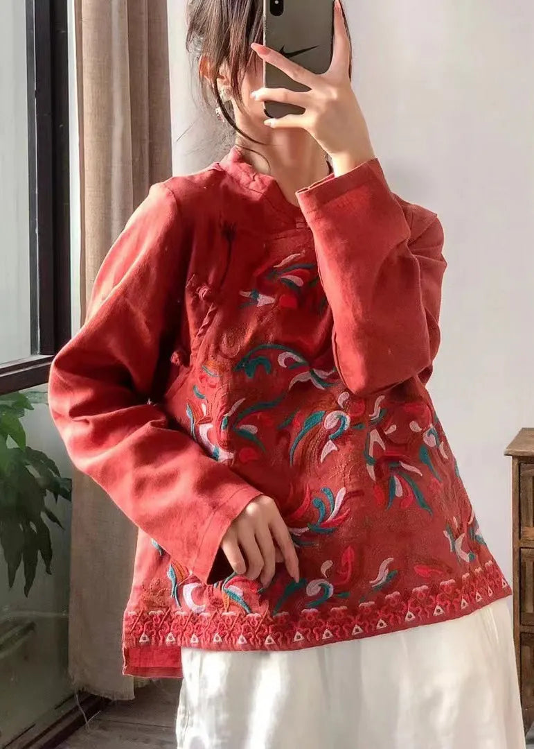 Retro Red Stand Collar Embroidered Linen Shirt Long Sleeve