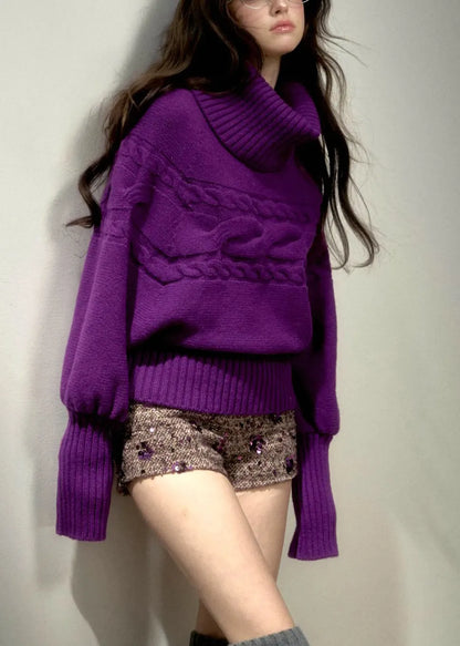 Stylish Purple Turtleneck Thick Cotton Knit Sweater Fall