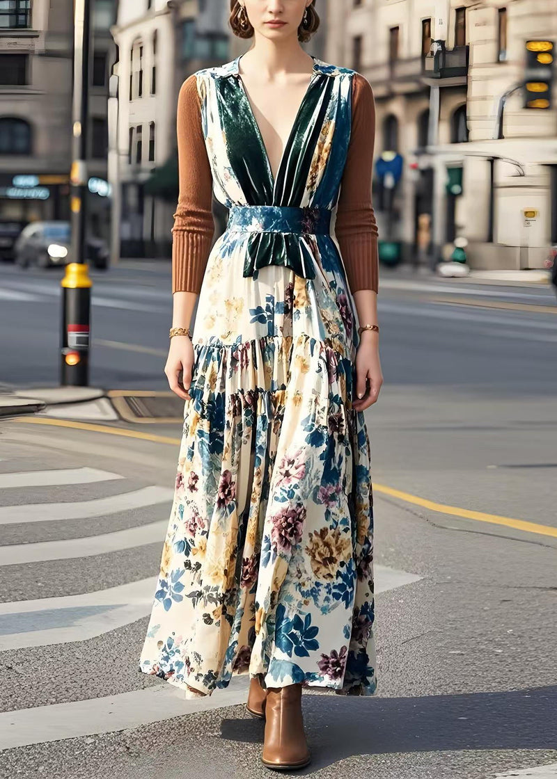 V Neck Patchwork Print Silk Velvet Long Dress Fall