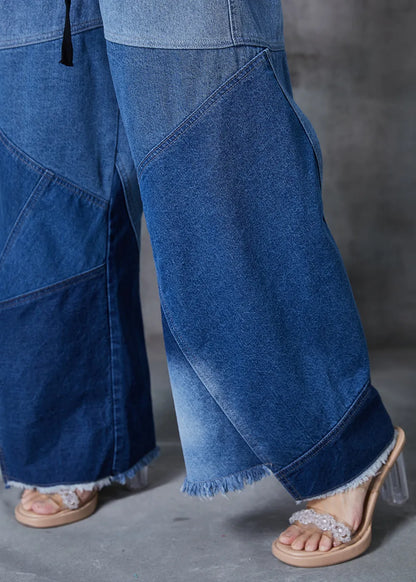 Blue Asymmetrical Patchwork Denim Pants Fall