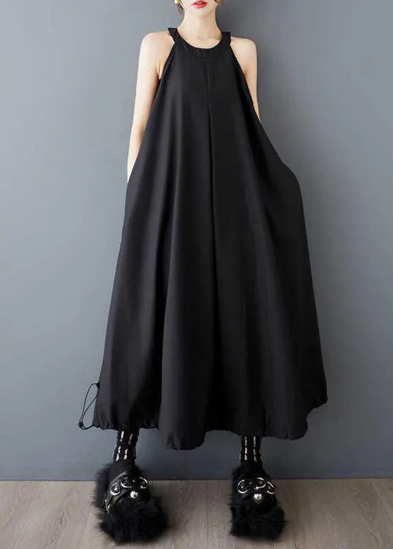 Black O Neck Wrinkled Drawstring Cotton Dress Sleeveless