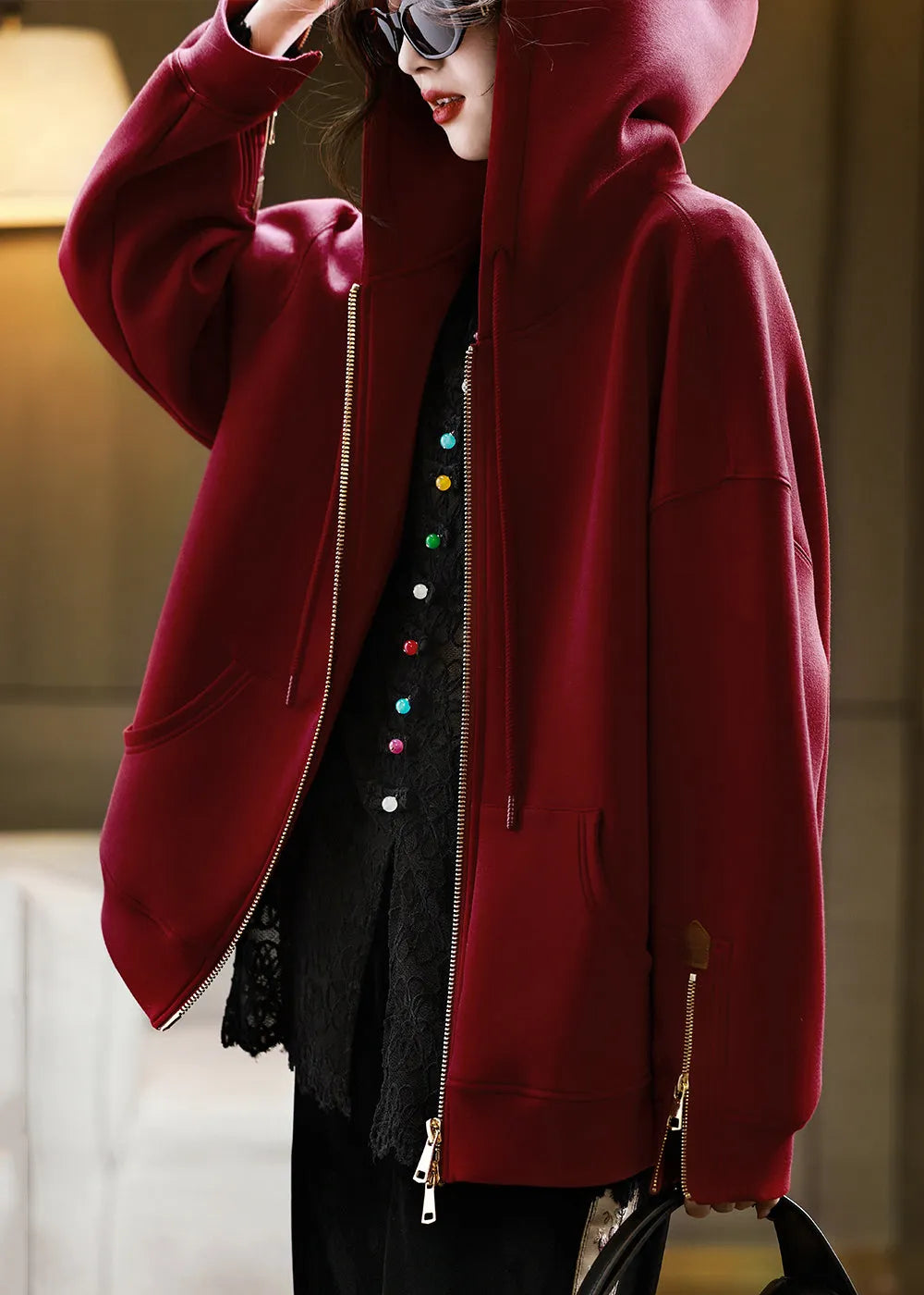 Red Hooded Pockets Zippered Cotton Coats Fall