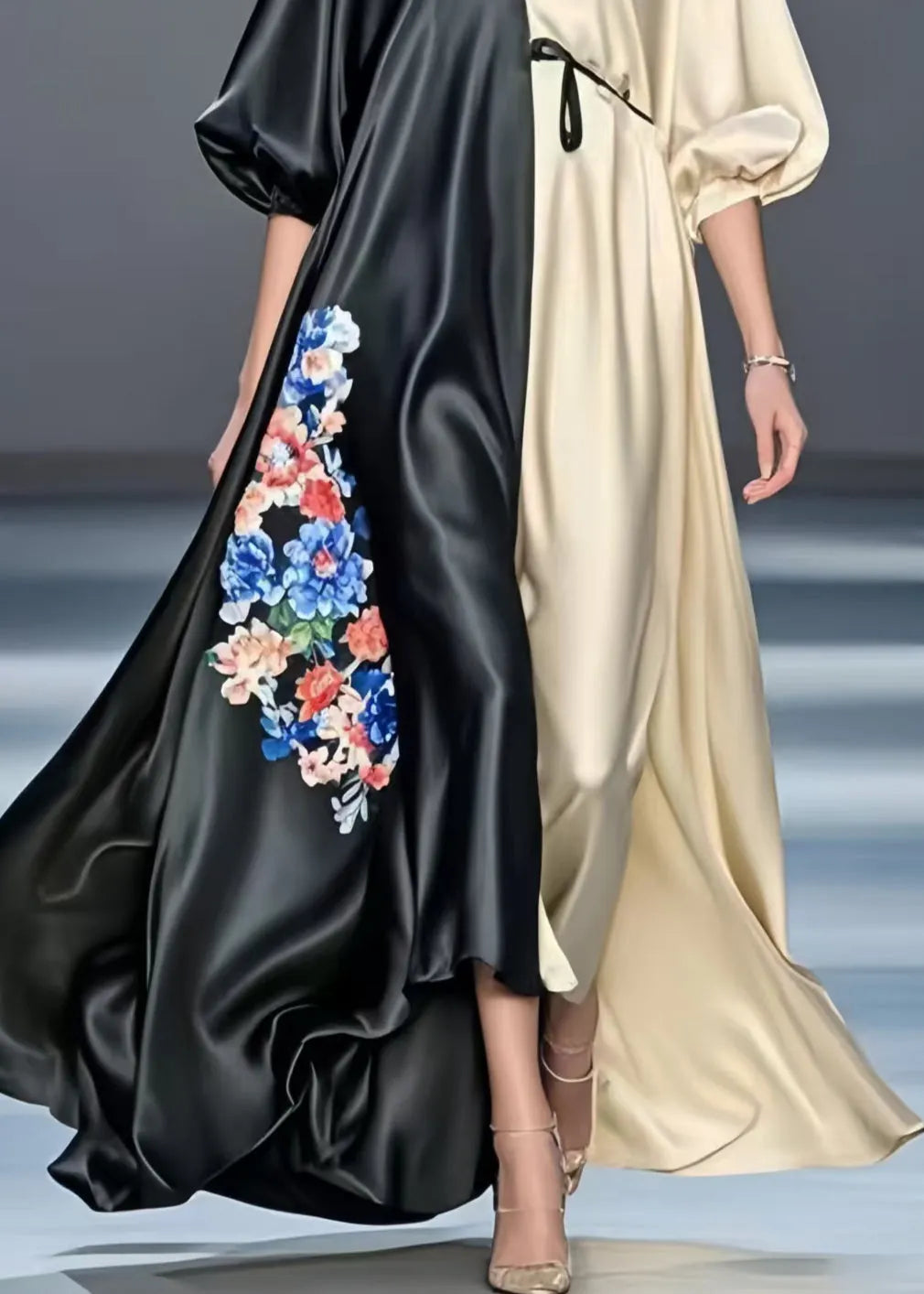 Colorblock Patchwork Silk Maxi Dresses Oversized Print Spring