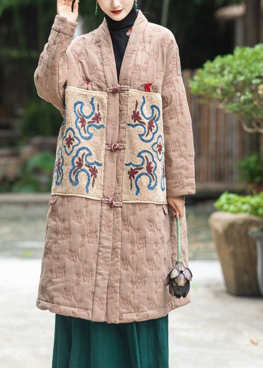 Fitted Light Green Embroidered Patchwork Fine Cotton Filled Puffers Jackets Winter