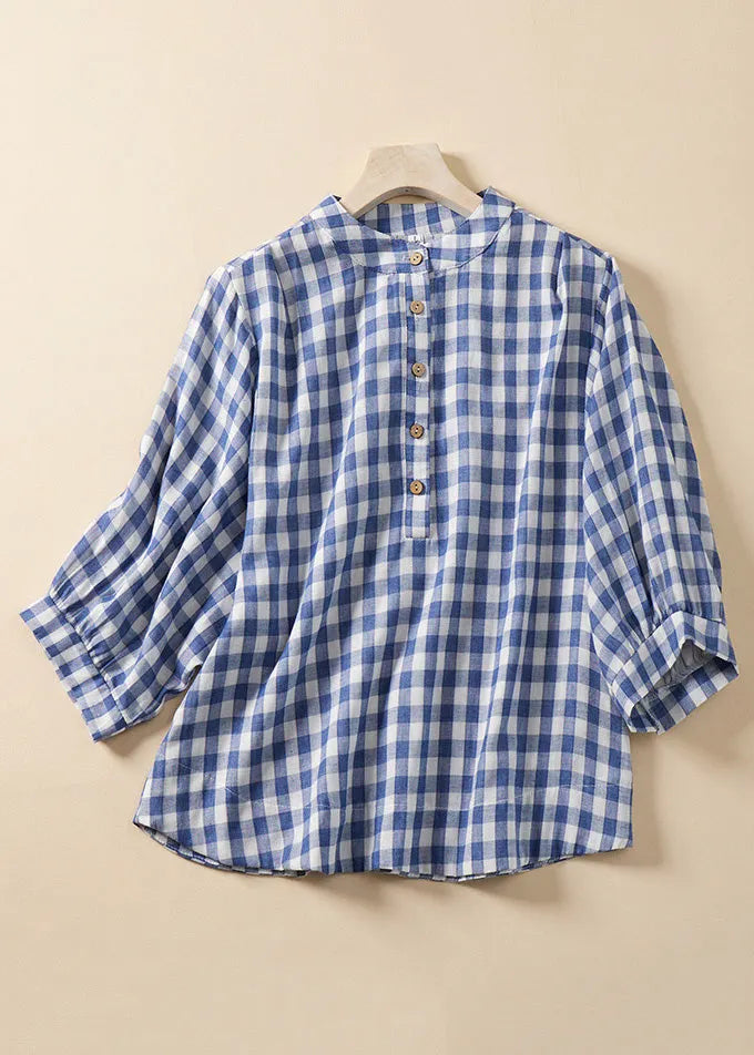 Loose Blue Plaid Stand Collar Cotton Blouses Bracelet Sleeve