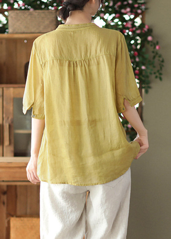 Yellow V Neck Embroidered Linen T Shirt Short Sleeve