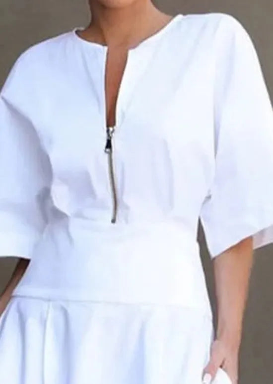 Boutique White Zip Up Pockets Patchwork Cotton Dresses Summer