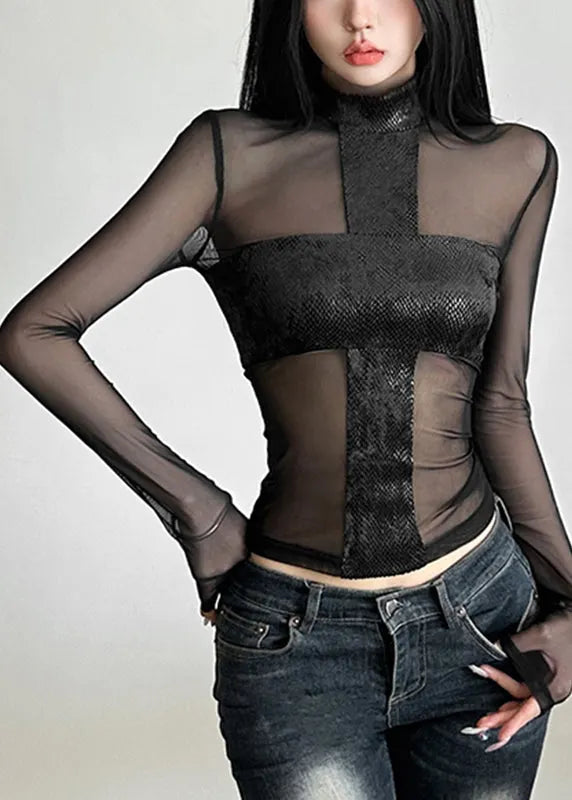 Black Turtleneck Sheer Tulle Top Spring