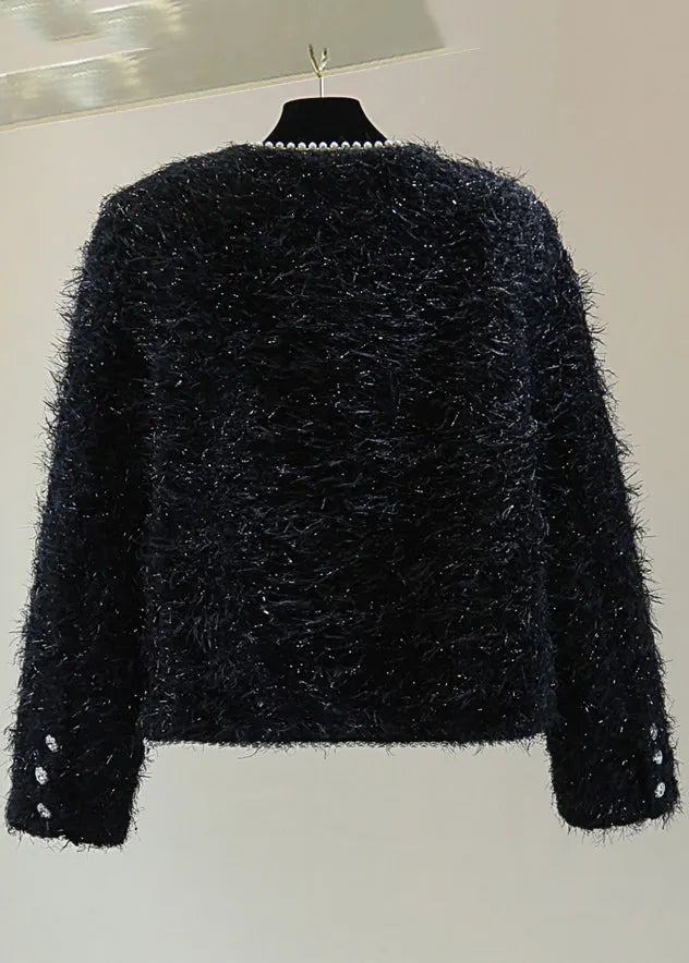 Classy Black O-neck Pockets Patchwork Nail Bead Coats Winter