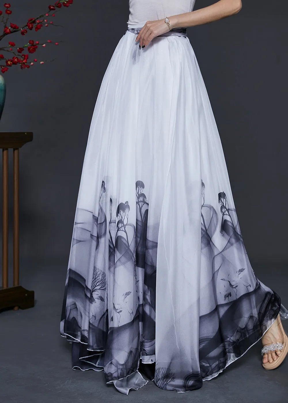 White Ink and Wash Exra Large Hem Chiffon Dance Skirts Summer