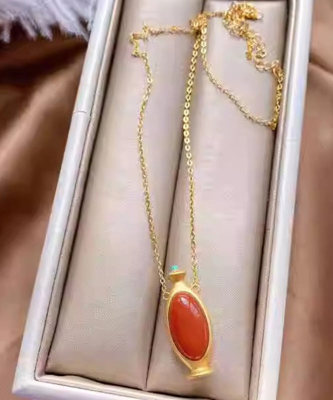 Red Sterling Silver Overgild Agate Pendant Necklace