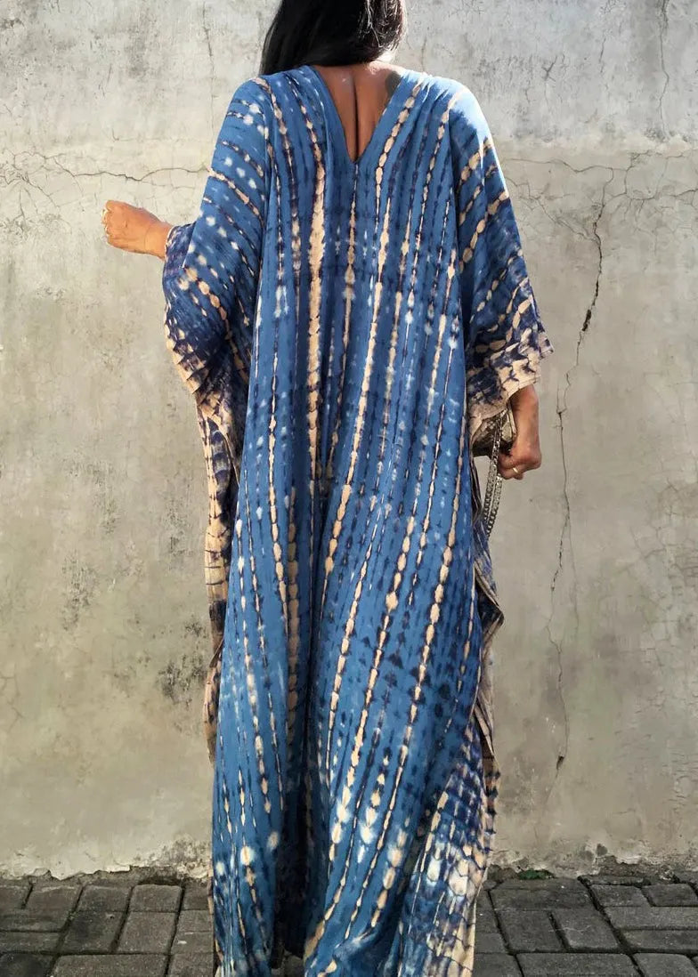 Blue V Neck Tie Dye Cotton Vacation Dresses Summer