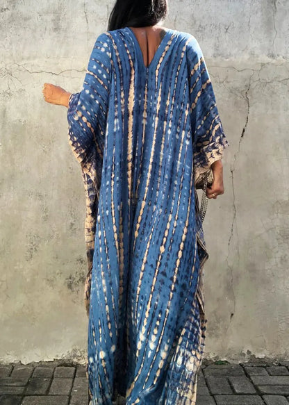 Blue V Neck Tie Dye Cotton Vacation Dresses Summer