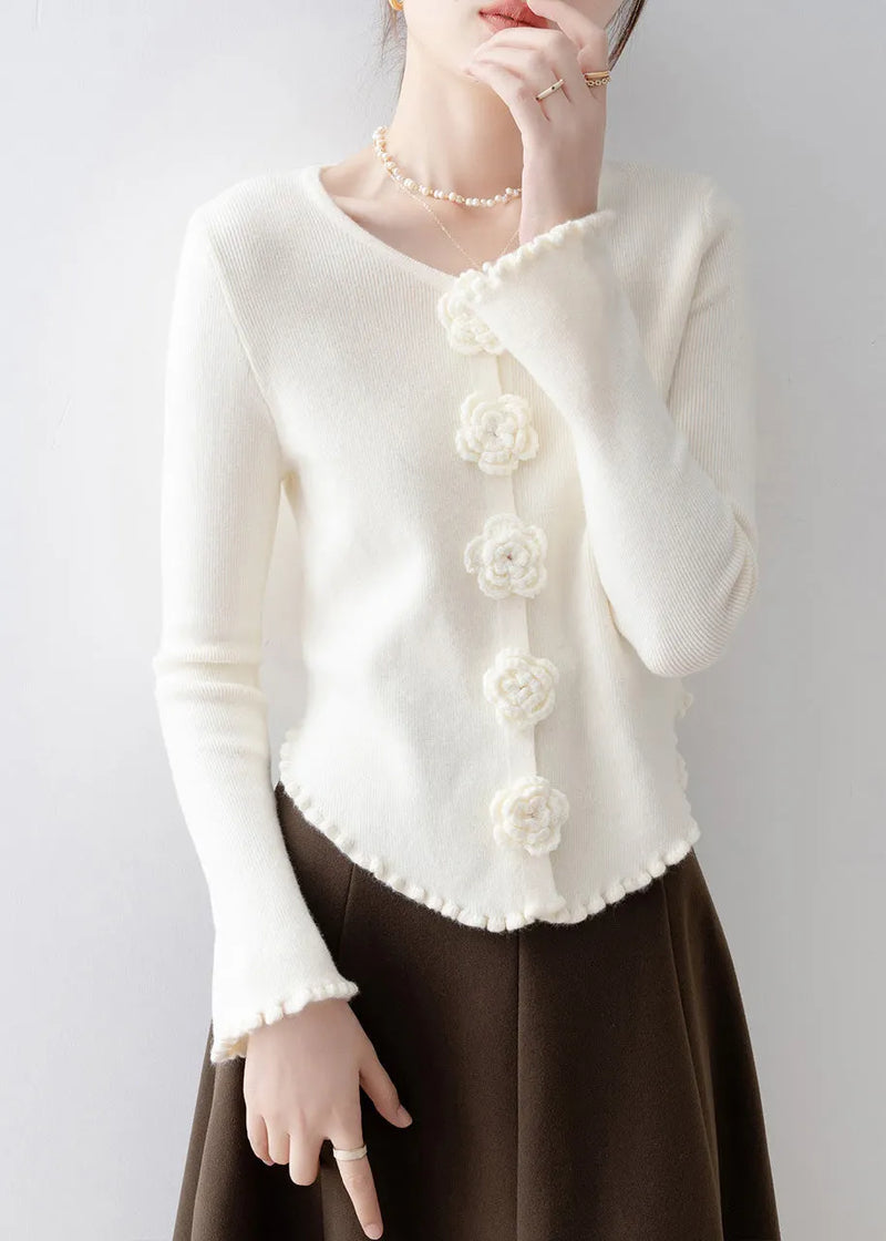 French Apricot Ruffled Knit Sweaters Flare Sleeve