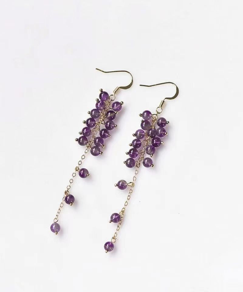 Style Purple Crystal Tassel 14k Gold Drop Earrings