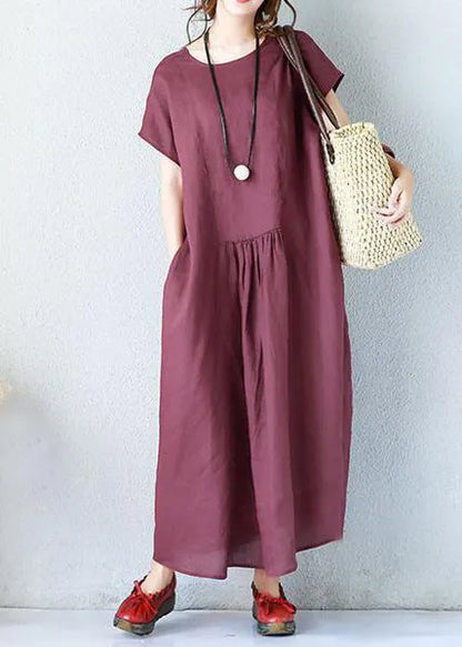 Simple Linen Clothes for Fitted Summer Loose Short Sleeve Navy Blue Dress