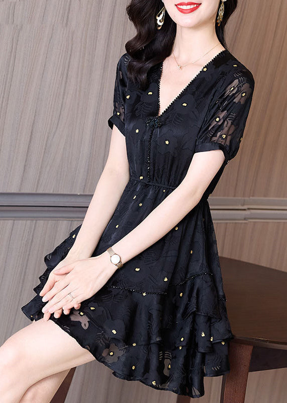Black V Neck Cinched Patchwork Tulle Mid Dress Summer