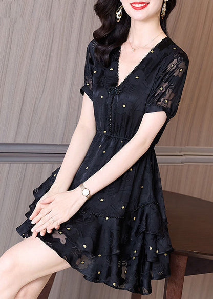 Black V Neck Cinched Patchwork Tulle Mid Dress Summer