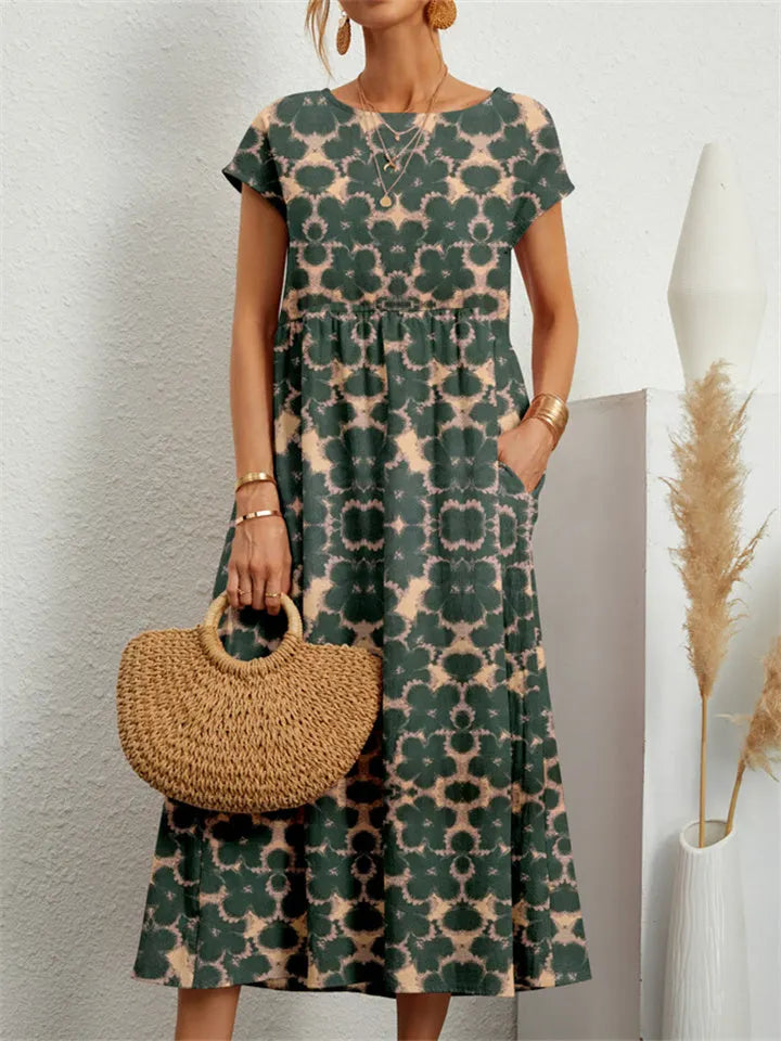 Round Neck Loose Cotton Linen Sleeveless Round Neck Print Dress