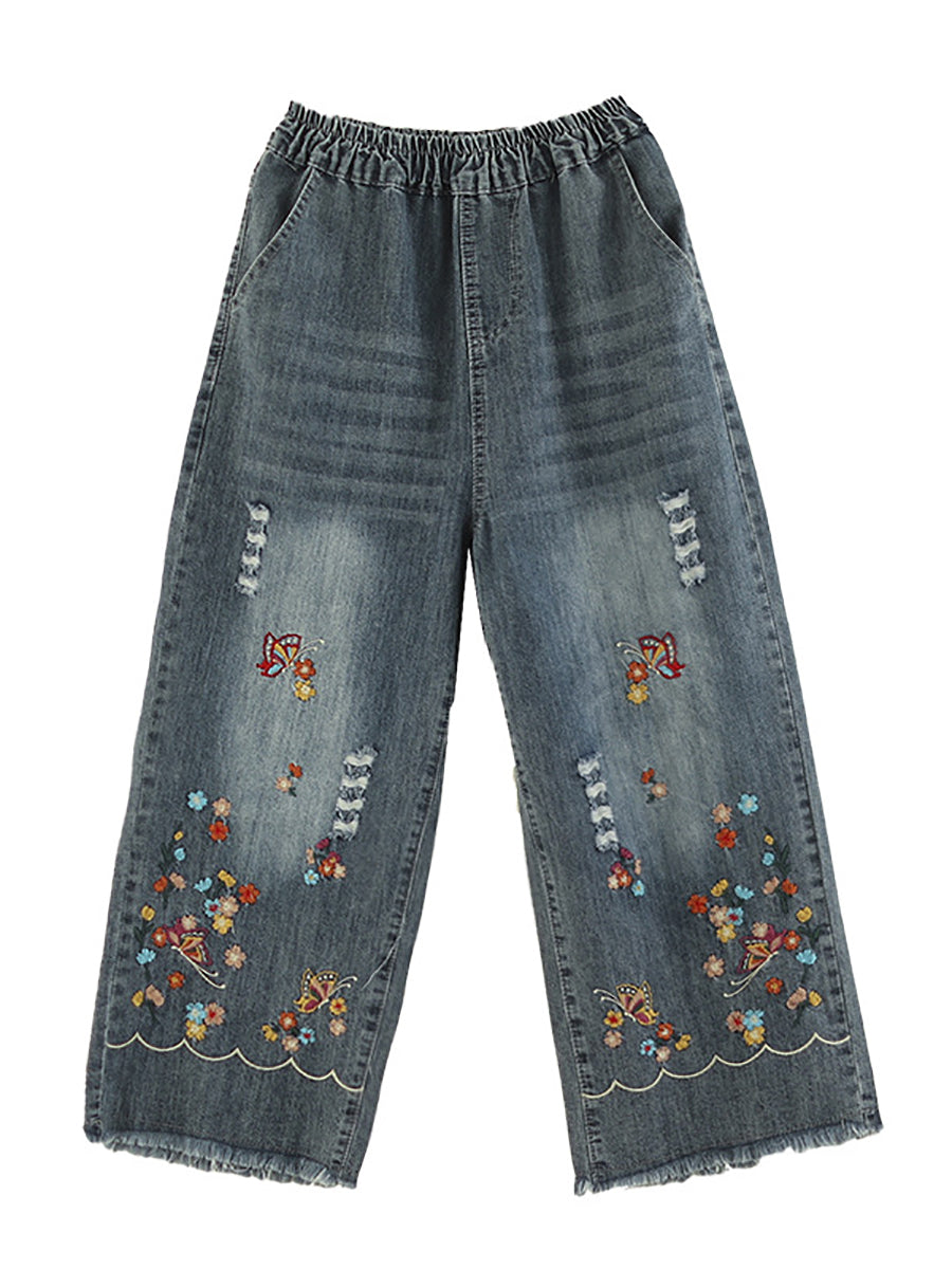 Summer Retro Embroidery Frayed Straight Denim Pants